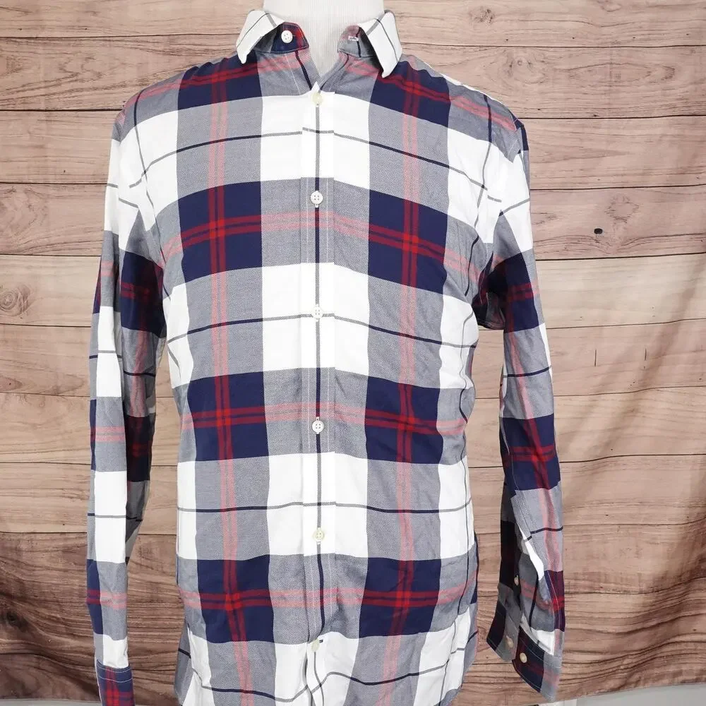 Banana Republic Shirt Mens XL Blue Gray Red Plaid Non-Iron‎ Tailored Slim Fit